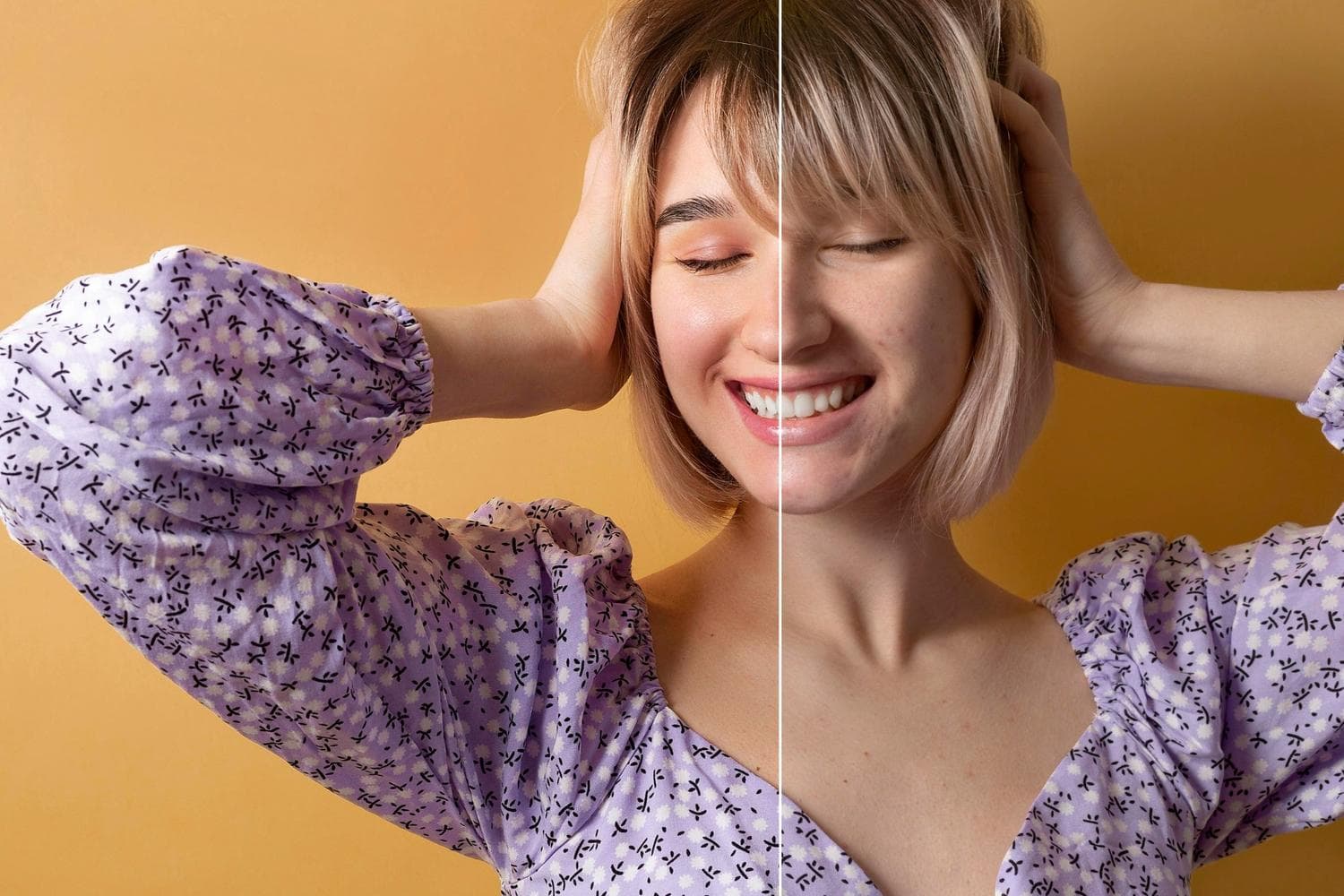 Woman comparing herself to filtered image